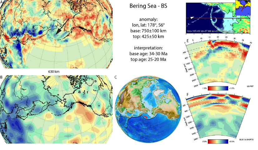 Figure A15. Bering Sea anomaly, interpreted as the Bering Sea slab, with (horizontal) [vertical] cross sections through (A)[D] the UUP07 p-wave) and (B)[D] the combined SL2013 and S40RTS s-wave models at 630 km; C) the location of the modern geological record that we interpret to have formed during the subduction of the slab.