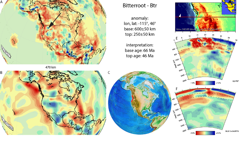 Figure A18. Bitterroot anomaly, interpreted as the Bitterroot slab, with (horizontal) [vertical] cross sections through (A)[D] the UUP07 p-wave) and (B)[D] the combined SL2013 and S40RTS s-wave models at 470 km; C) the location of the modern geological record that we interpret to have formed during the subduction of the slab. 