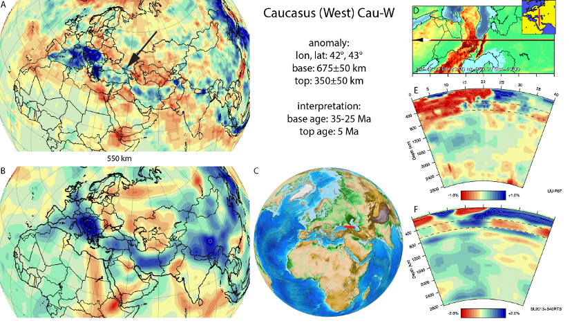 Figure A26a. Caucasus West anomaly, interpreted as the Caucasus West slab, with (horizontal) [vertical] cross sections through (A)[D] the UUP07 p-wave) and (B)[D] the combined SL2013 and S40RTS s-wave models at 550 km; C) the location of the modern geological record that we interpret to have formed during the subduction of the slab. 