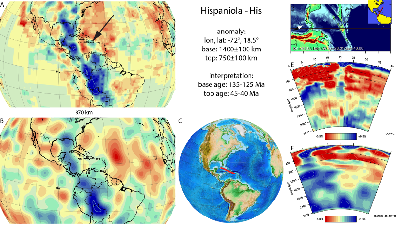 Figure A40. Hispaniola anomaly, interpreted as the Hispaniola slab, with (horizontal) [vertical] cross sections through (A)[D] the UUP07 p-wave) and (B)[D] the combined SL2013 and S40RTS s-wave models at 870 km; C) the location of the modern geological record that we interpret to have formed during the subduction of the slab. 