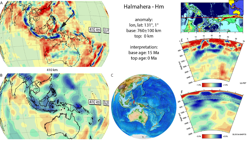 Figure A36. Halmahera anomaly, interpreted as the Halmahera slab, with (horizontal) [vertical] cross sections through (A)[D] the UUP07 p-wave) and (B)[D] the combined SL2013 and S40RTS s-wave models at 410 km; C) the location of the modern geological record that we interpret to have formed during the subduction of the slab. 