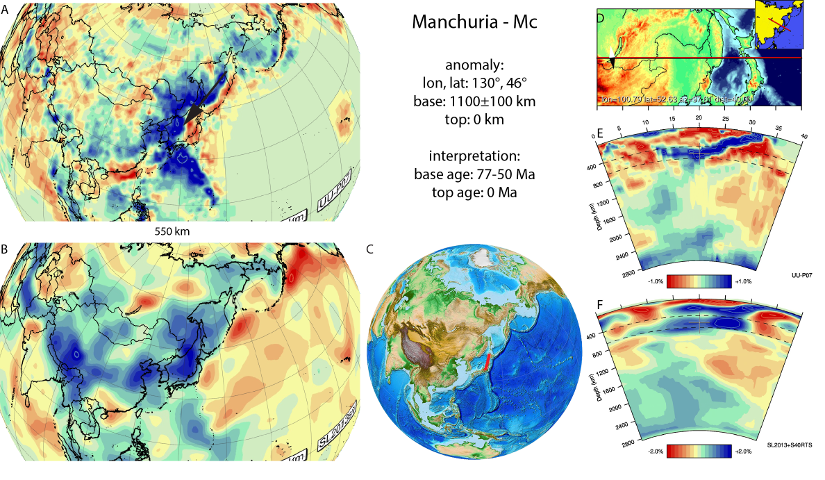 Figure A54. Manchuria anomaly, interpreted as the Manchuria slab, with (horizontal) [vertical] cross sections through (A)[D] the UUP07 p-wave) and (B)[D] the combined SL2013 and S40RTS s-wave models at 550 km; C) the location of the modern geological record that we interpret to have formed during the subduction of the slab. 