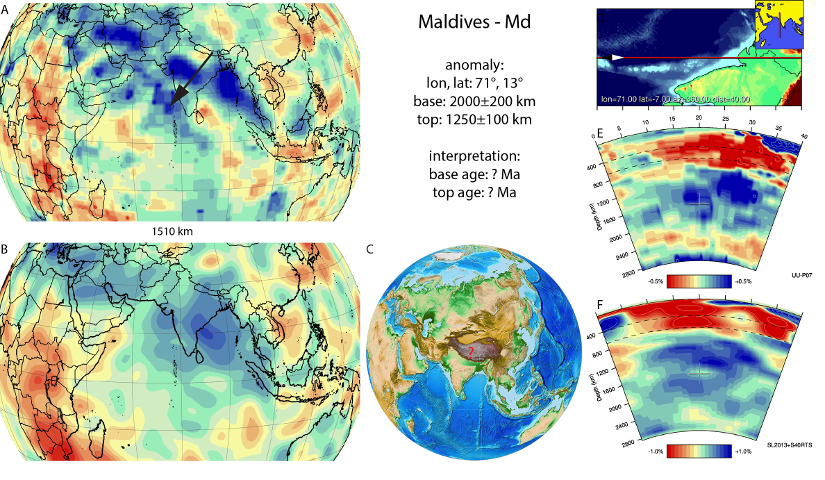 Figure A52. Maldives anomaly with (horizontal) [vertical] cross sections through (A)[D] the UUP07 p-wave) and (B)[D] the combined SL2013 and S40RTS s-wave models at 1510 km; C) the location of the modern geological record that we interpret to have formed during the subduction of the slab. 