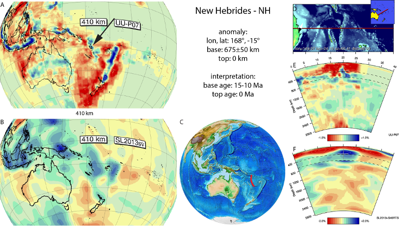 Figure A66. New Hebrides anomaly, interpreted as the New Hebrides slab, with (horizontal) [vertical] cross sections through (A)[D] the UUP07 p-wave) and (B)[D] the combined SL2013 and S40RTS s-wave models at 410 km; C) the location of the modern geological record that we interpret to have formed during the subduction of the slab.  