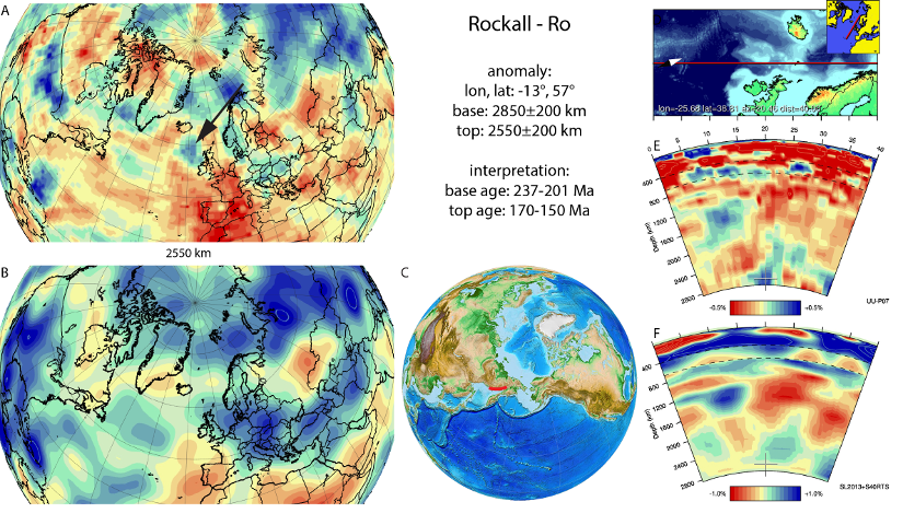 Figure A73. Rockall anomaly, interpreted as the Rockall slab, with (horizontal) [vertical] cross sections through (A)[D] the UUP07 p-wave) and (B)[D] the combined SL2013 and S40RTS s-wave models at 2550 km; C) the location of the modern geological record that we interpret to have formed during the subduction of the slab. 