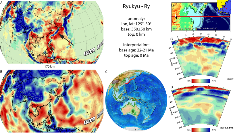 Figure A74. Ryukyu anomaly, interpreted as the Ryukyu slab, with (horizontal) [vertical] cross sections through (A)[D] the UUP07 p-wave) and (B)[D] the combined SL2013 and S40RTS s-wave models at 170 km; C) the location of the modern geological record that we interpret to have formed during the subduction of the slab. 