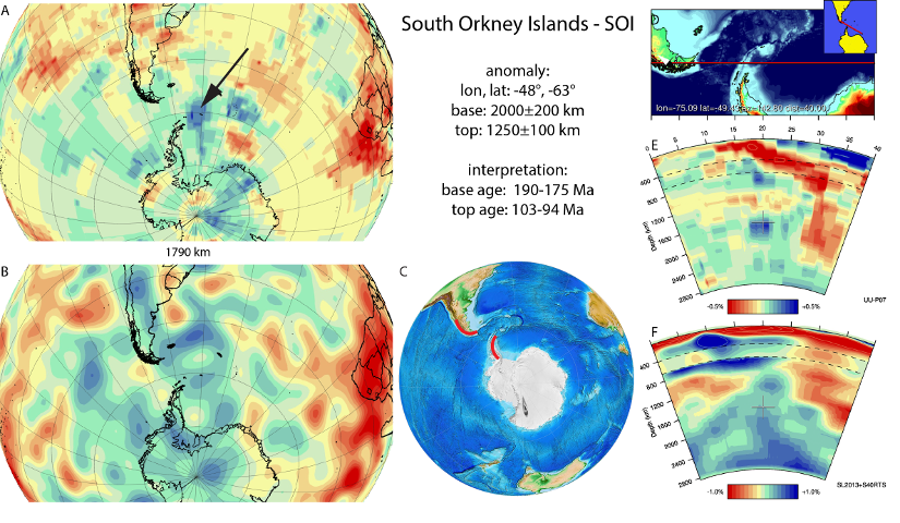 Figure A84. South Orkney Island anomaly, interpreted as the South Orkney Island slab, with (horizontal) [vertical] cross sections through (A)[D] the UUP07 p-wave) and (B)[D] the combined SL2013 and S40RTS s-wave models at 1790 km; C) the location of the modern geological record that we interpret to have formed during the subduction of the slab.