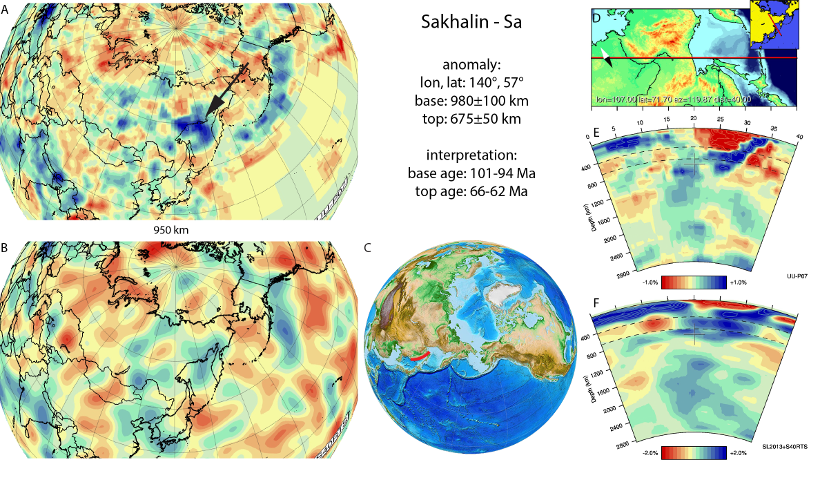 Figure A75. Sakhalin anomaly, interpreted as the Sakhalin slab, with (horizontal) [vertical] cross sections through (A)[D] the UUP07 p-wave) and (B)[D] the combined SL2013 and S40RTS s-wave models at 950 km; C) the location of the modern geological record that we interpret to have formed during the subduction of the slab.