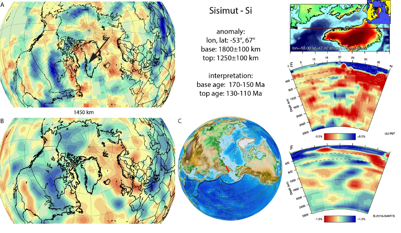 Figure A80. Sisimut anomaly, interpreted as the Sisimut slab, with (horizontal) [vertical] cross sections through (A)[D] the UUP07 p-wave) and (B)[D] the combined SL2013 and S40RTS s-wave models at 1450 km; C) the location of the modern geological record that we interpret to have formed during the subduction of the slab. 