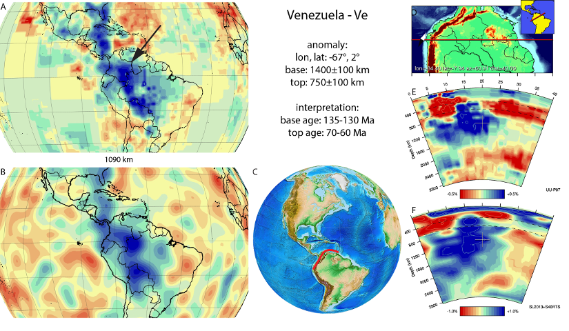 Figure A90. Venezuela anomaly, interpreted as the Venezuela slab, with (horizontal) [vertical] cross sections through (A)[D] the UUP07 p-wave) and (B)[D] the combined SL2013 and S40RTS s-wave models at 1090 km; C) the location of the modern geological record that we interpret to have formed during the subduction of the slab.