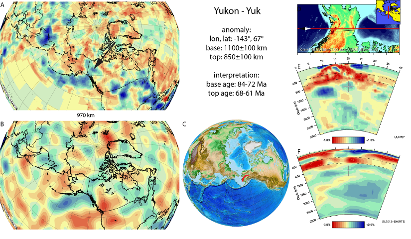 Figure A93. Yukon anomaly, interpreted as the Yukon slab, with (horizontal) [vertical] cross sections through (A)[D] the UUP07 p-wave) and (B)[D] the combined SL2013 and S40RTS s-wave models at 330 km; C) the location of the modern geological record that we interpret to have formed during the subduction of the slab.  